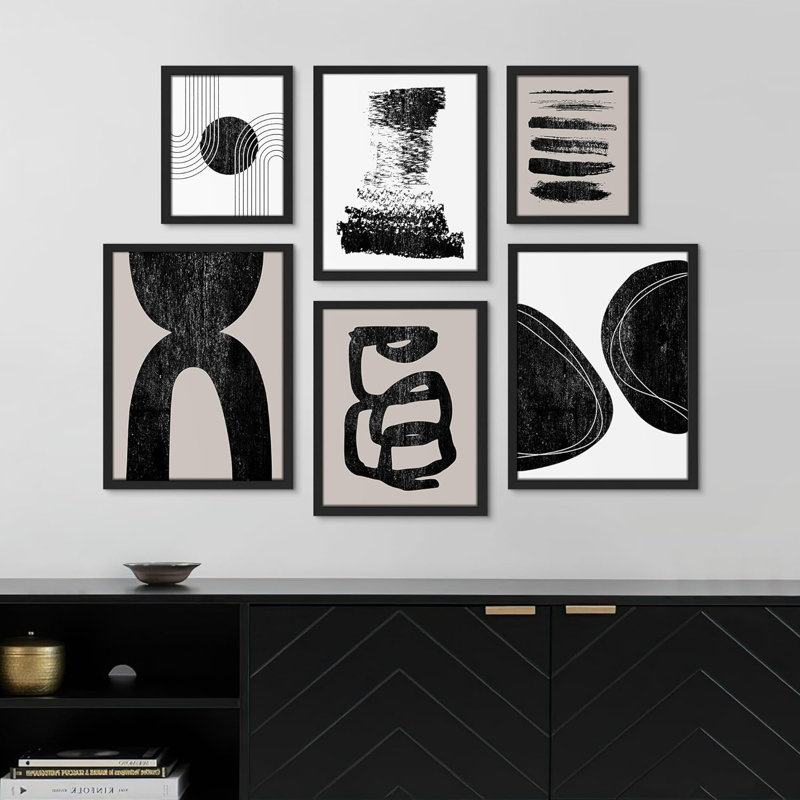 «Grunge Black & Gray Paint Stroke Polygons Abstract Shapes», art moderne encadré sur papier, impression de 6 pièces