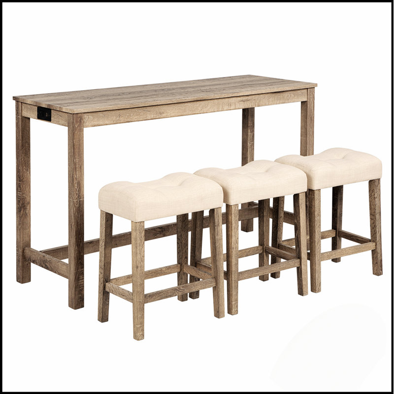Ensemble de table de bar 4 pièces avec prise de courant, tabourets rembourrés pour la vie moderne et les salles à manger, parfait pour les petits espaces