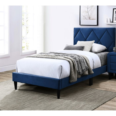 Lit double avec revêtement en velours bleu marine, 12 lattes de soutien et une tête de lit élégante rembourrée, réglable pour une chambre à coucher reposante