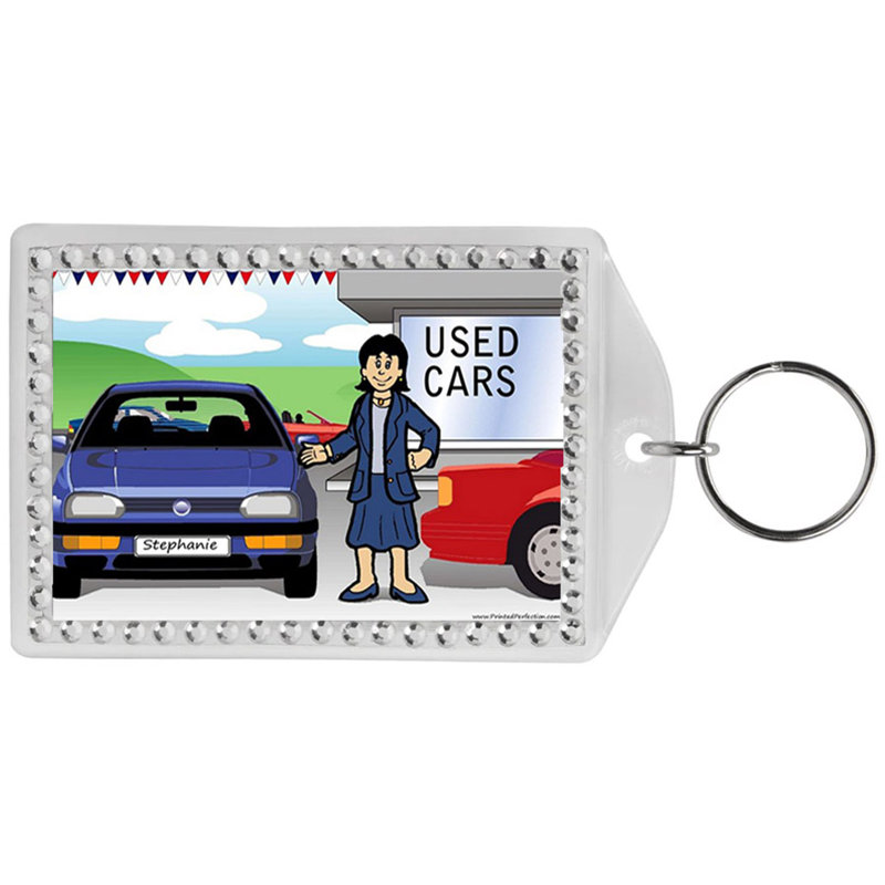 Personalized Name That Toon Car Sales Female Rhinestone Bordered Key Chain, Yes