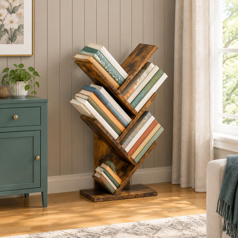 Bibliothèque rustique marron à 4 niveaux en forme d'arbre avec 4 étagères, meuble de rangement moderne et autoportant pour livres et accessoires, idéal pour le bureau, le salon ou la chambre à coucher.