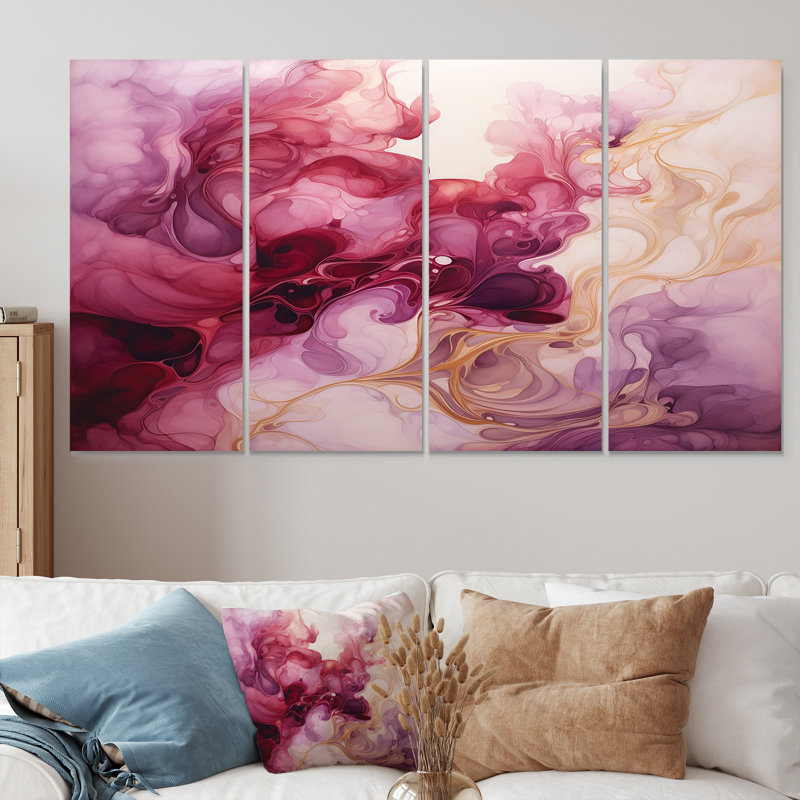 «Blush in Motion Fluid Magenta Clouds», art mural abstrait à l'encre liquide, 4 pièces, H 32 po x l 64 po