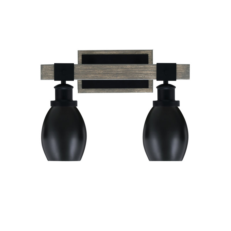 Bitner 2 Light Bath Bar Shown In Matte Black & Painted Distressed Wood-Look Metal Finish With 5" Matte Black Oval Metal Shades