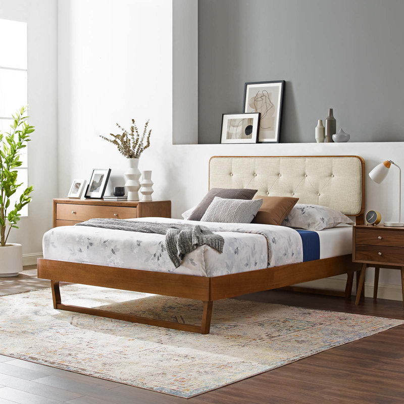 Bridgette Wood Platform Bed with Angular Frame, Walnut/Beige, Full