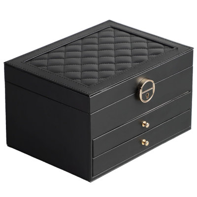 Latitude Run® Jewelry Box For Women Girl Wife 3 Layers Large PU Leather Jewelry Organizer Storage Case With Two Drawers Display