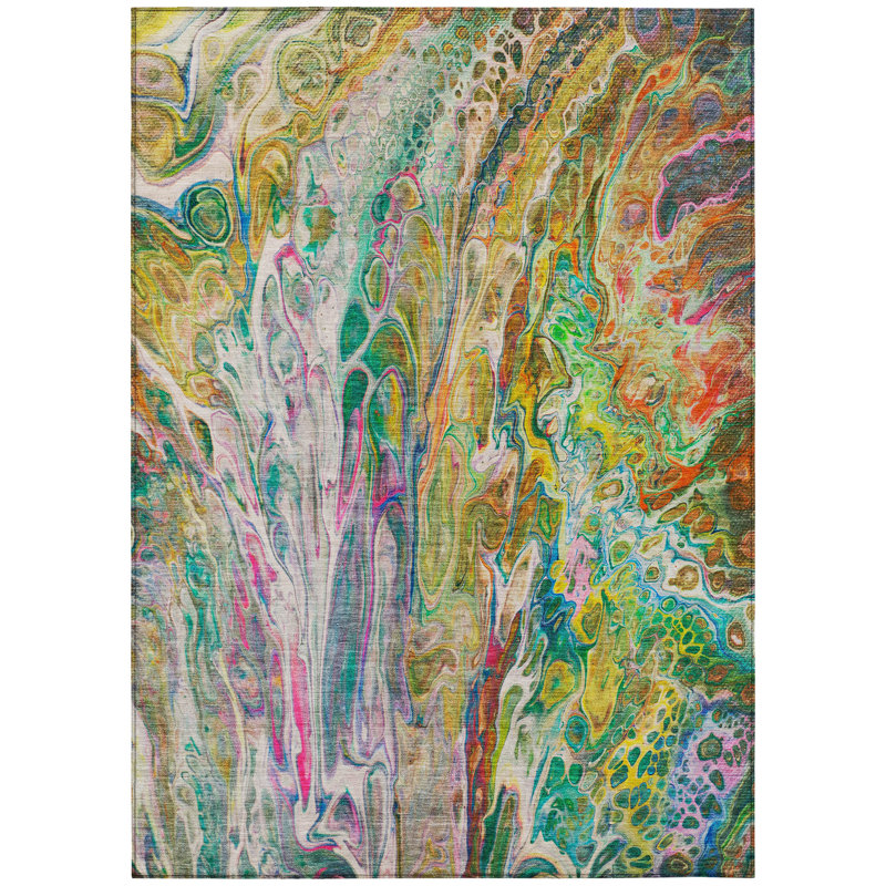 Tapis intérieur lavable abstrait vert doré et blanc 5 pi x 8 pi