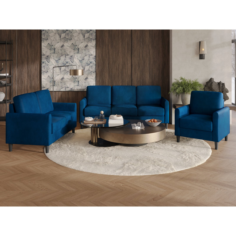 Ensemble de salon en velours 3 pièces Goliad, 3 pièces: chaise, causeuse, canapé, Bleu