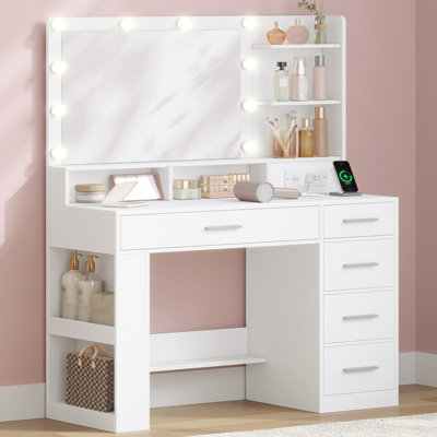 Bureau de coiffeuse avec grand miroir HD, coiffeuse de maquillage avec lumières à DEL, coiffeuse avec barre d'alimentation, 6 tablettes de rangement, 5 tiroirs et rangement latéral ouvert, simple, blanc