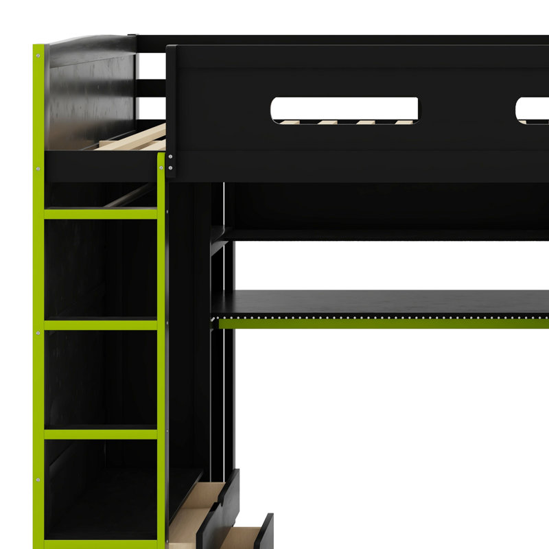 Lit mezzanine en bois avec bureau, garde-robe, grand espace de rangement et lumière DEL RVB, Vert / noir