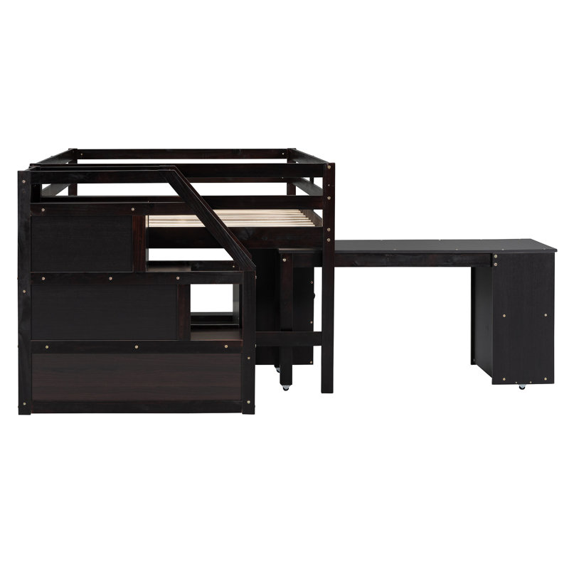 Lit mezzanine avec bureau d'écriture rétractable et 3 tiroirs, lit mezzanine en bois avec escalier de rangement et tablettes