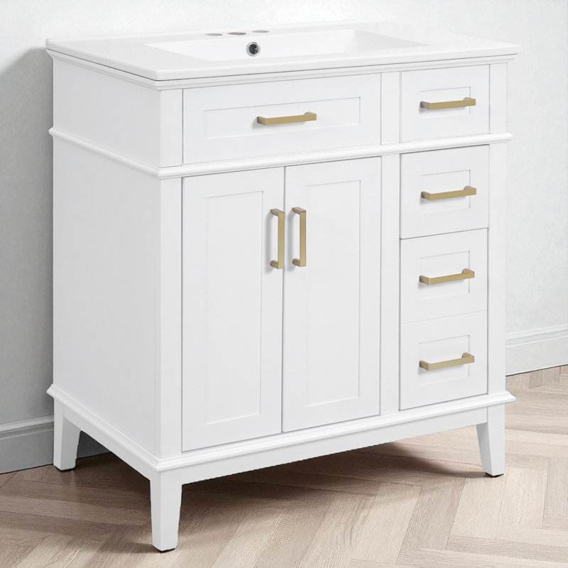 Meuble-lavabo simple 30 po avec comptoir en céramique, Blanc, Doré