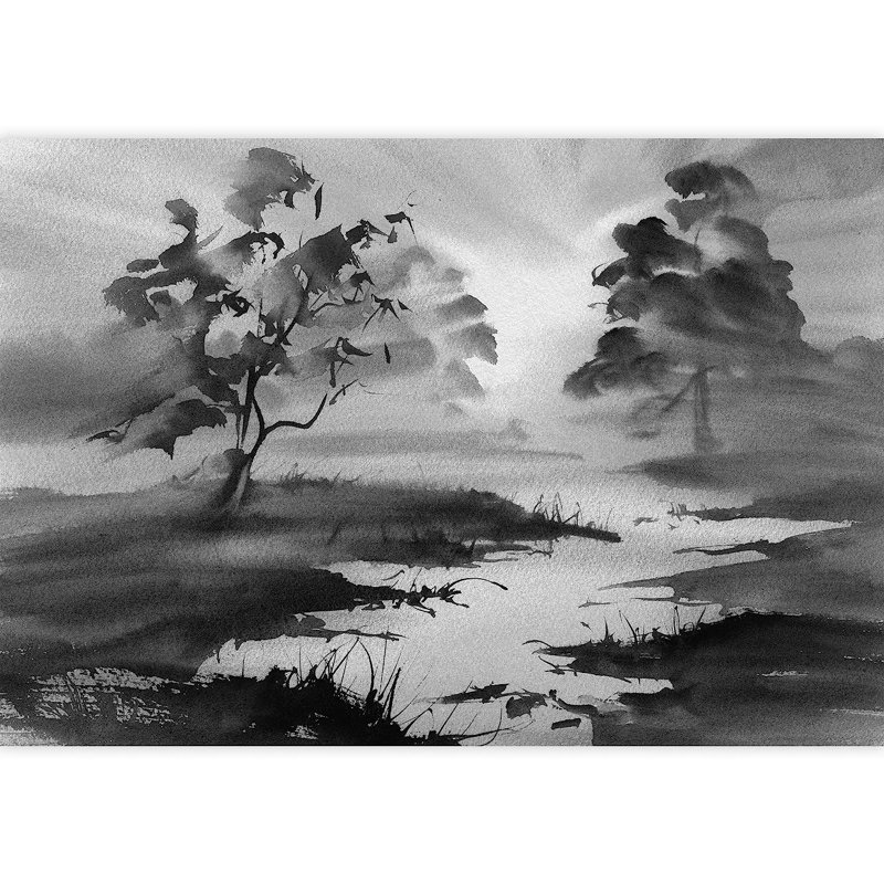 Murale à peindre aquarelle noir et blanc forêt de rivière, L 100 po x l 144 po