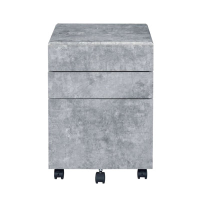 Classeur Office 3, gris argenté, 5 roulettes, structure en bois 3 tiroirs, faux béton, roues