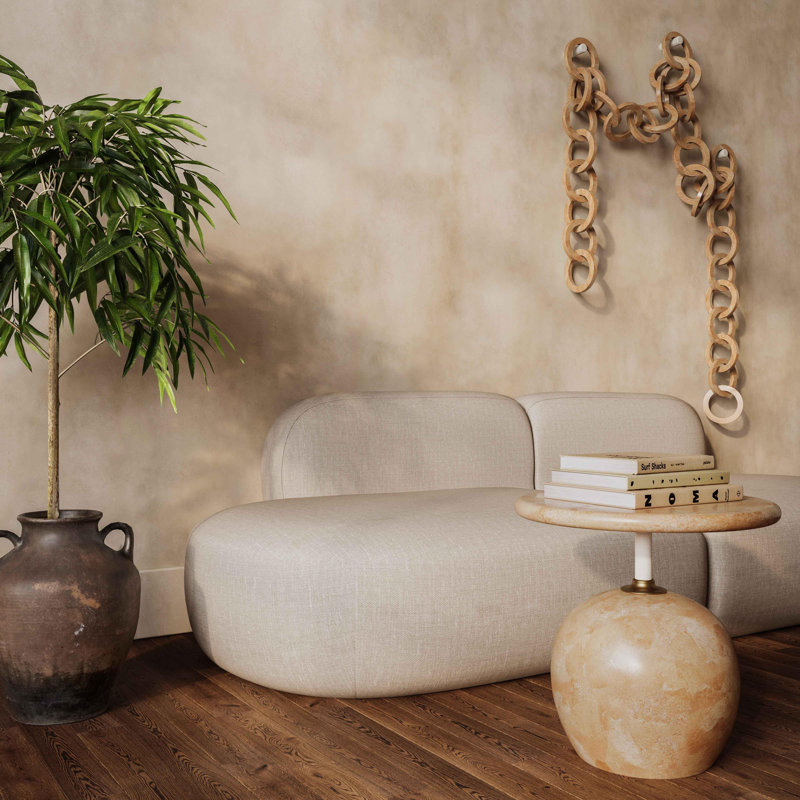 Beige Faux Marble and Gold Metal Round End Table