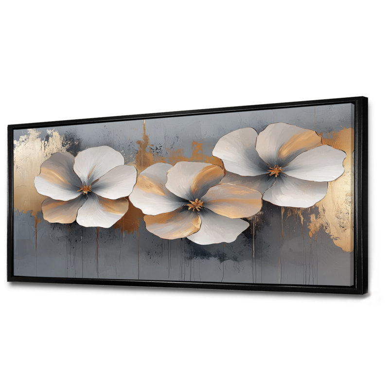 Hibiscus doré, forme pure de sérénité II - Hibiscus, art mural, H 28 po x l 60 po, Cadre flottant, Noir