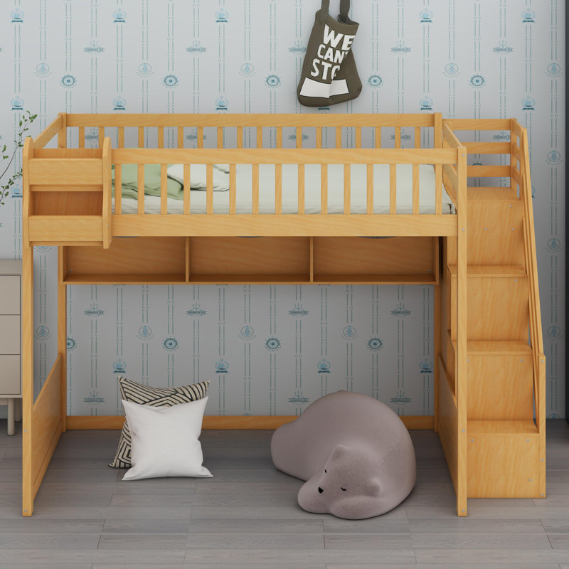 Wooden Loft Bed With Staircase And Wardrobe, Natural