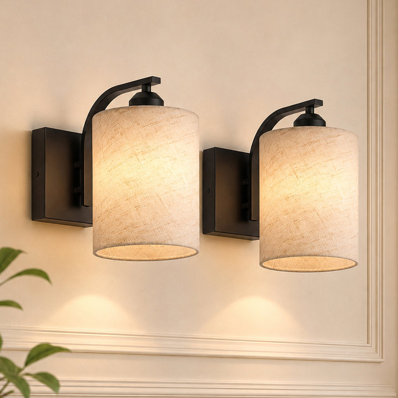 Farmhouse Armed Wall Sconce Lamp Light with Fabric Shade for Bedroom, Black