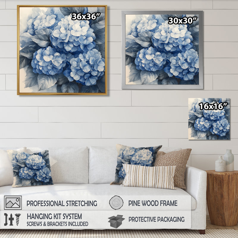 Hortensia grappe avec pétales bleus I - hydrangées, art mural sur toile, H 16 po x l 16 po, Impression encadrée flottante