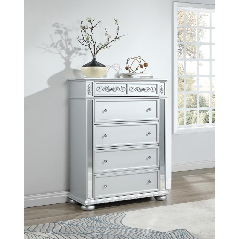 Cadre de grand lit - Commode - Miroir - Commode - Table de chevet, Silver Metallic, Queen