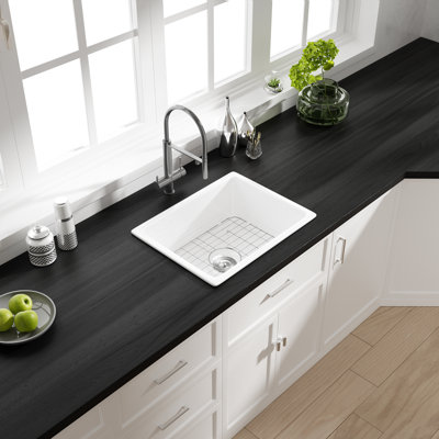 Oslo 23.5" x 18.5" White Single Bowl Fireclay Undermount Kitchen Sink with Basket Strainer and Bottom Grid