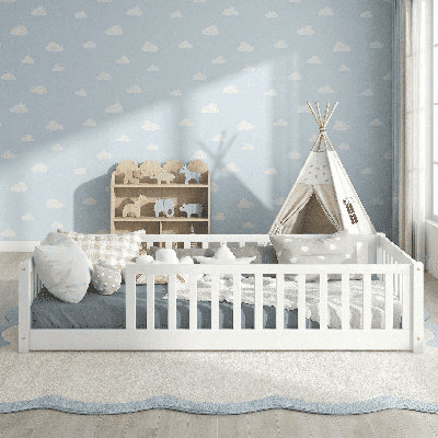 Twin Size Rubber Wood Floor Bed with Safety Guardrails – Fence Design, No Door,