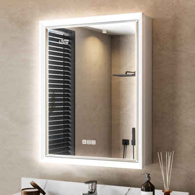 LED Medicine Cabinet with Beveled Defogger Mirror, Surface/Recessed Mount, Dimmable Lights USB Power Outlet, Clock & Sensor Light