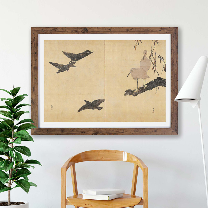 'Egrets & Crows' by Shibata Zeshin - Picture Frame Painting Print on Paper, 45cm H x 63cm W x 2cm D, Walnut