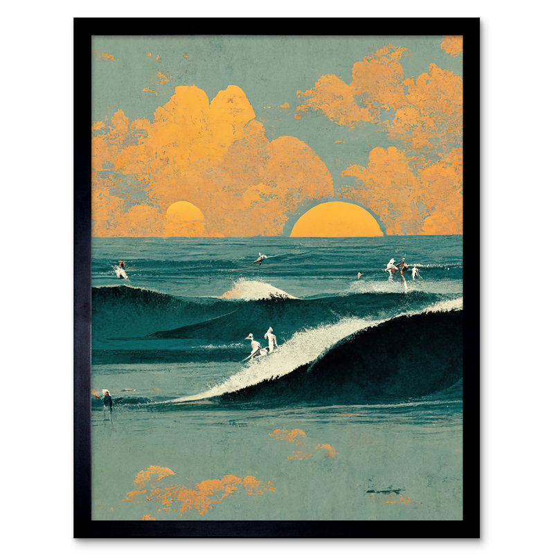 Surfers Surfing Chasing Waves at Sunset 1 Piece Single Picture Frame Wall Art