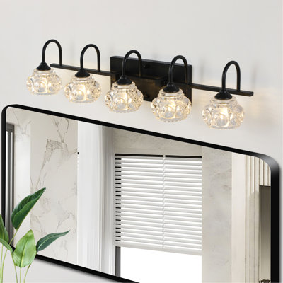 Crystal Glass Shaded Retro 5- Bathroom Vanity - Black Finish. Wall Mounted For Bathroom, Dressing Room. Iron Construction, Easy Install, 110-120v, G9 Bulbs Required  not Included , 60w Max Per Bulb
