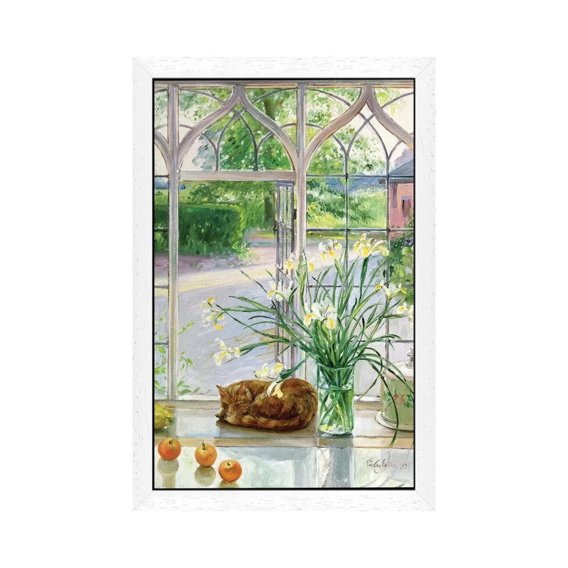 Irises And Sleeping Cat by Timothy Easton - Painting on Canvas, 66.04 cm H x 45.72 cm W, White Framed