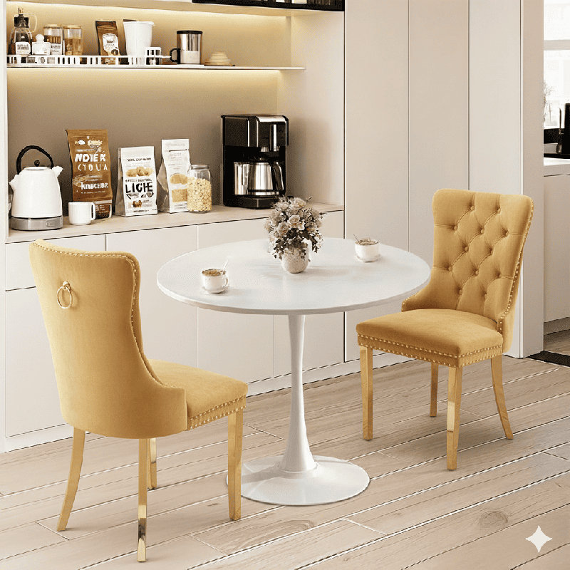 Ensemble de table de salle à manger rond avec 2 chaises, Blanc, Jaune, or