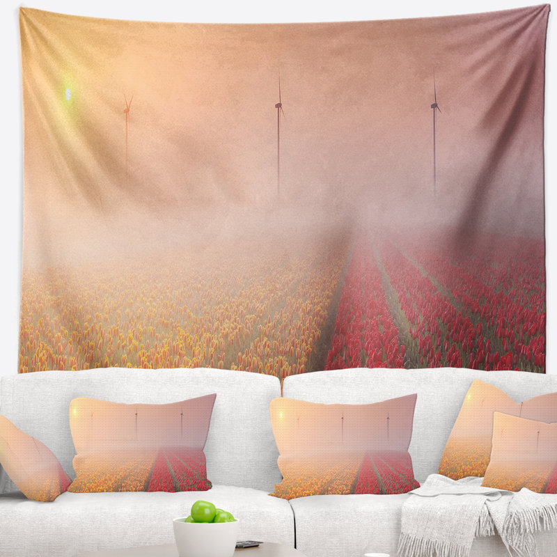 Tapisserie panorama avec accessoires suspendus en polyester soleil par-fleuring lake, H 78 po x l 92 po
