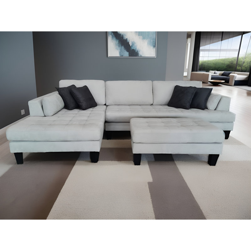 Canapé modulaire en microfibre avec repose-pieds Pritesh, Accoudoir à gauche (vu de face), Microfibre/microsuède gris clair