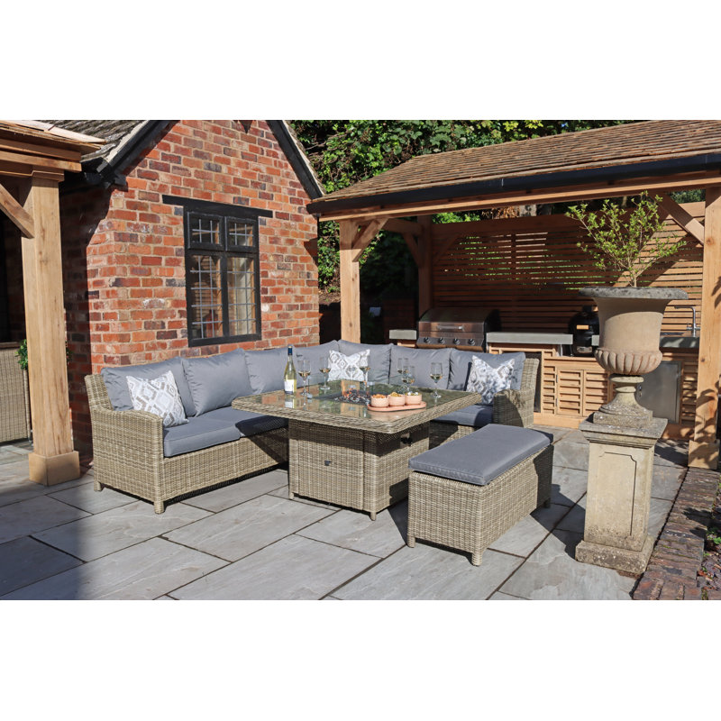 WENTWORTH 7pc Deluxe Modular Corner Dining / Lounging Set 2pc LH & RH sofa, 1pc Corner Seat, 1pc Middle Chairs, 1pc Fire Pit Table & 1 Bench including Cushions