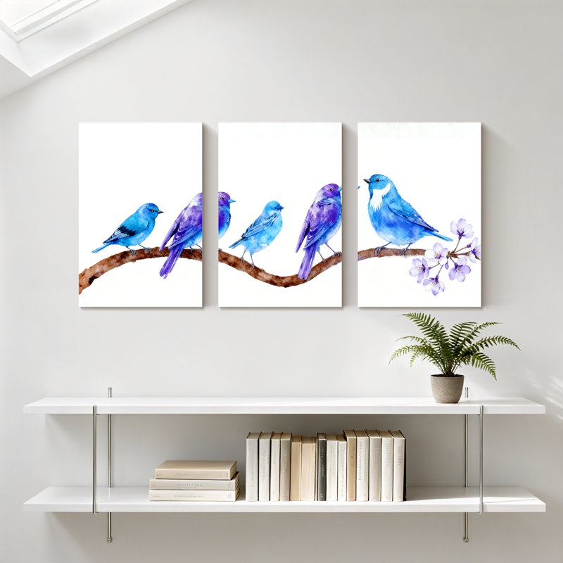 Oiseaux bleus sur une branche avec fleurs, ensemble de 3 impressions sur toile, H 30 po x l 60 po