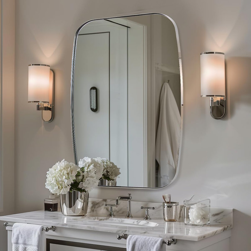 Miroir de salle de bain ovale moderne | Cadre en acier inoxydable, Chrome poli, 32 po x 24 po