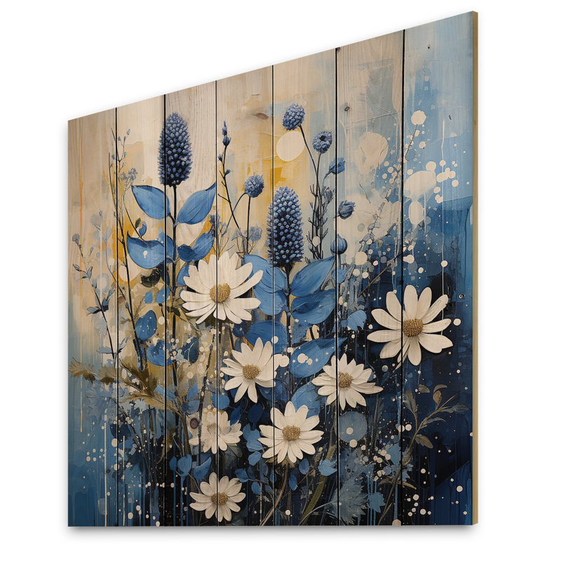 Blue Bonnets, fleurs blanches I - Blue Bonnets, art mural sur bois de pin naturel, H 15 po x l 15 po