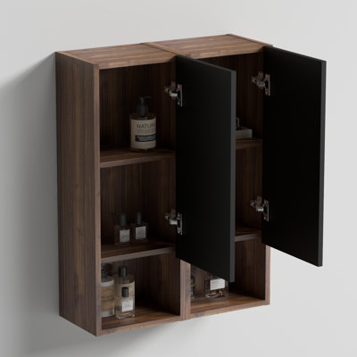 Black & Walnut Floating Side Cabinet, Mid-Century Wall Mounted Storage, E1 Eco-Friendly Wood, Dtc Soft-Close Rails, Adjustable Door Direction For Small Bathroom