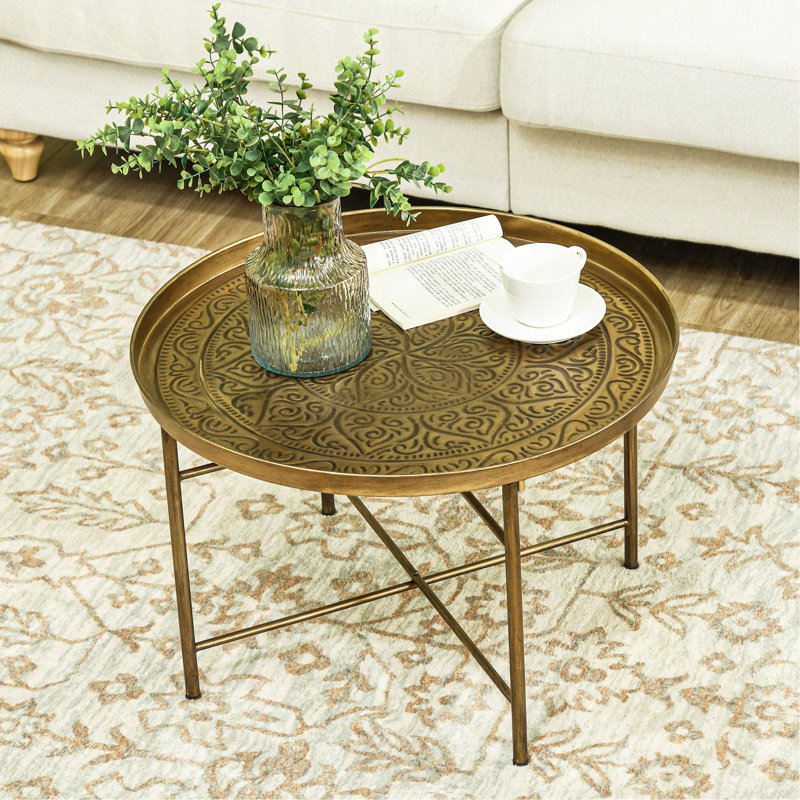 Nicholas 24" Round Coffee Table With Hammered Tray Top, Vintage Metal Center Table For Living Room, Bedroom, Side Table, Gold