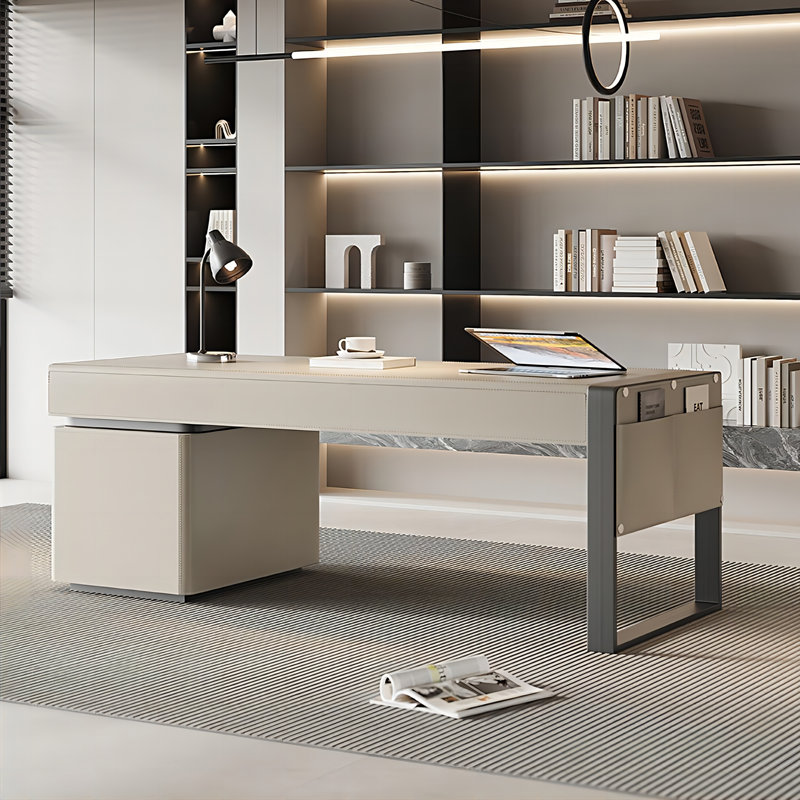 Bureau moderne en cuir blanc cassé de qualité supérieure, H 29,92 po x l 62,99 po x P 27,56 po