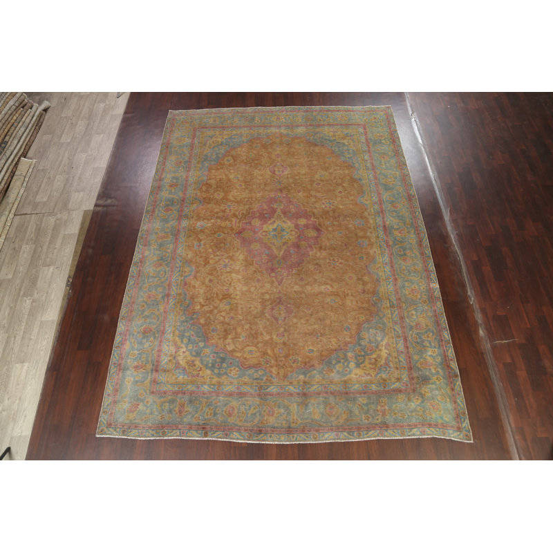 Tapis unique en laine noué à la main de style années 1950 de 9 pi 6 po x 13 pi en orange / rouille