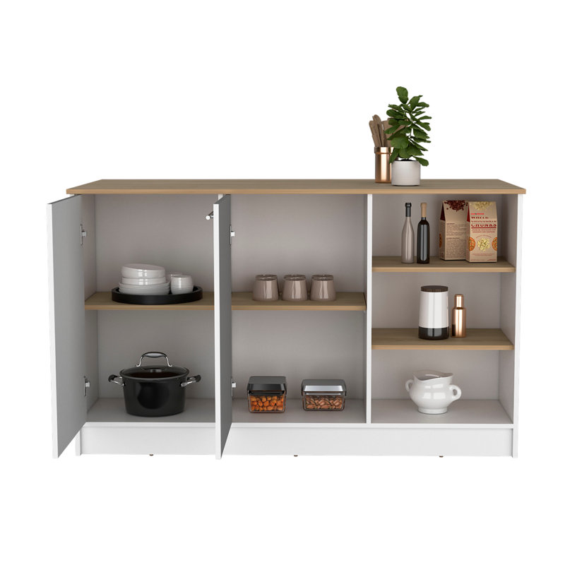 Îlot de cuisine, trois tablettes ouvertes, deux armoires, Blanc/naturel