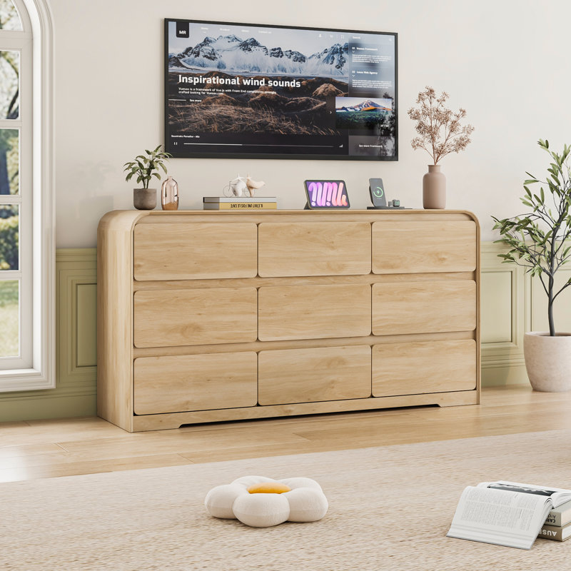 Commode 9 tiroirs 63 po avec station de charge, coins arrondis 63 po, Bois