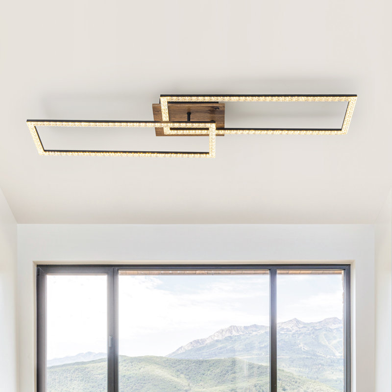 LED Geometric Flush Mount Ceiling Light - 31W 2240LM, Matte Black Frame with Wood Tone MDF, Dimmable, 40" Linear Design
