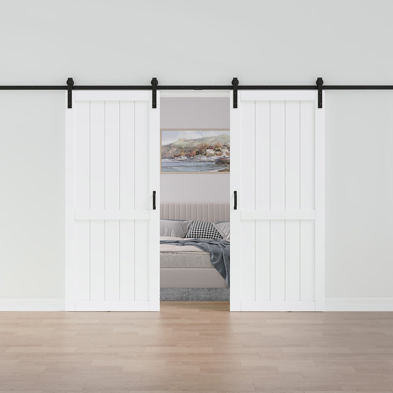 Porte double coulissante de style grange, 84 po de hauteur, en bois d'ingénierie massif, apprêtée en blanc, prête à peindre, pour placard ou garde-manger.