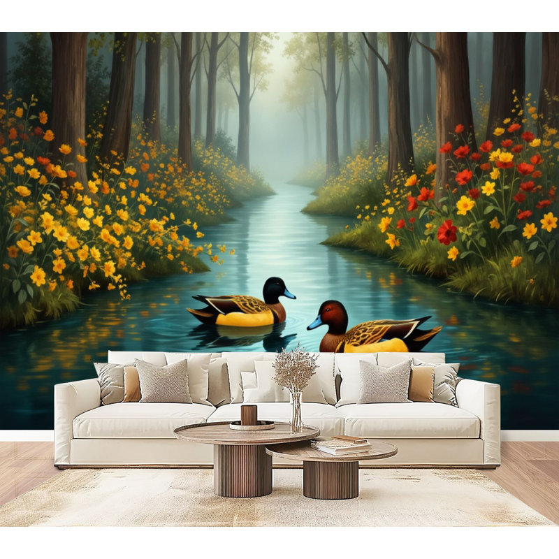 Papier peint adhésif pelucheux Serene Forest Pond, L 96 po x l 69 po