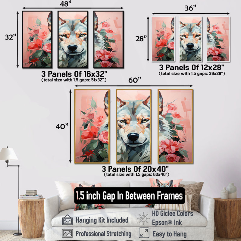 Portrait de loup bohémien rose et vert IV - loup, art mural, H 28 po x l 36 po, Cadre flottant brun