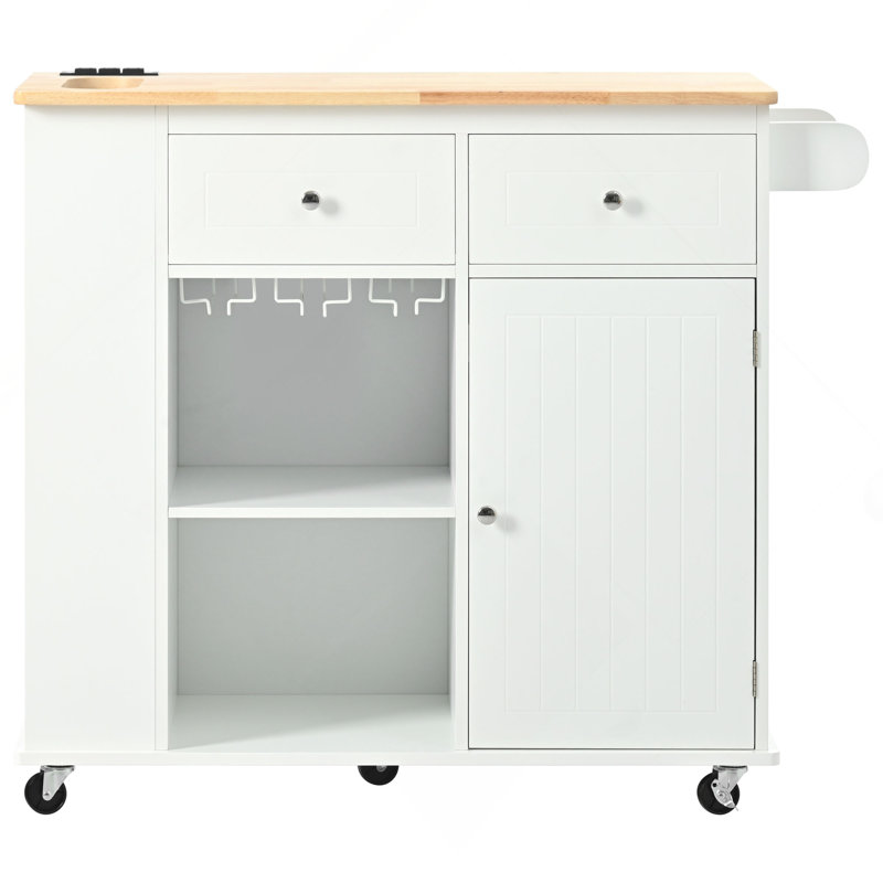 Kitchen Island With Power Outlet,Kitchen Storage Island With Drop Leaf And Rubber Wood,Open Storage And Wine Rack,5 Wheels,With Adjustable Storage For Home, Kitchen, And Dining Room