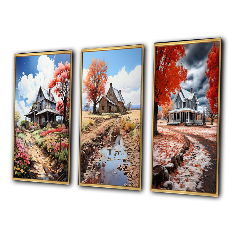 «Farmhouse Memories Pointillism», 3 pièces sur toile, Encadrement doré, H 28 po x l 36 po