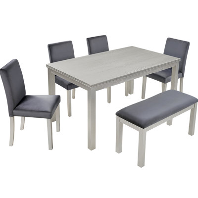 6 Piece Wooden Dining Table Set, Wooden Dining Table with 4 Upholstered Chairs and Bench for 6 People, Rectangular Dining Table Set with Crystal Decor